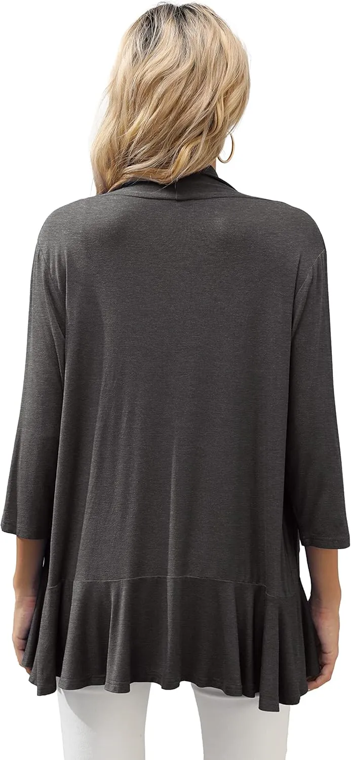 HIYIYEZI Women's Casual Lightweight Open Front Cardigans Soft Draped Ruffles 3/4 Sleeve Cardigan