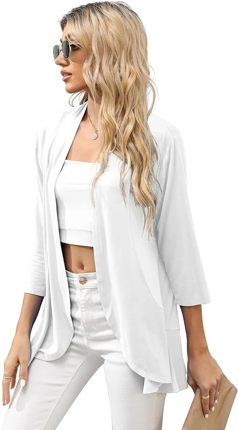 HIYIYEZI Women's Casual Lightweight Open Front Cardigans Soft Draped Ruffles 3/4 Sleeve Cardigan
