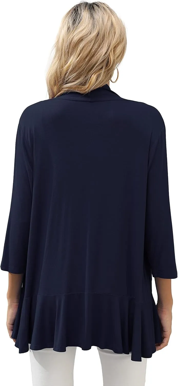 HIYIYEZI Women's Casual Lightweight Open Front Cardigans Soft Draped Ruffles 3/4 Sleeve Cardigan