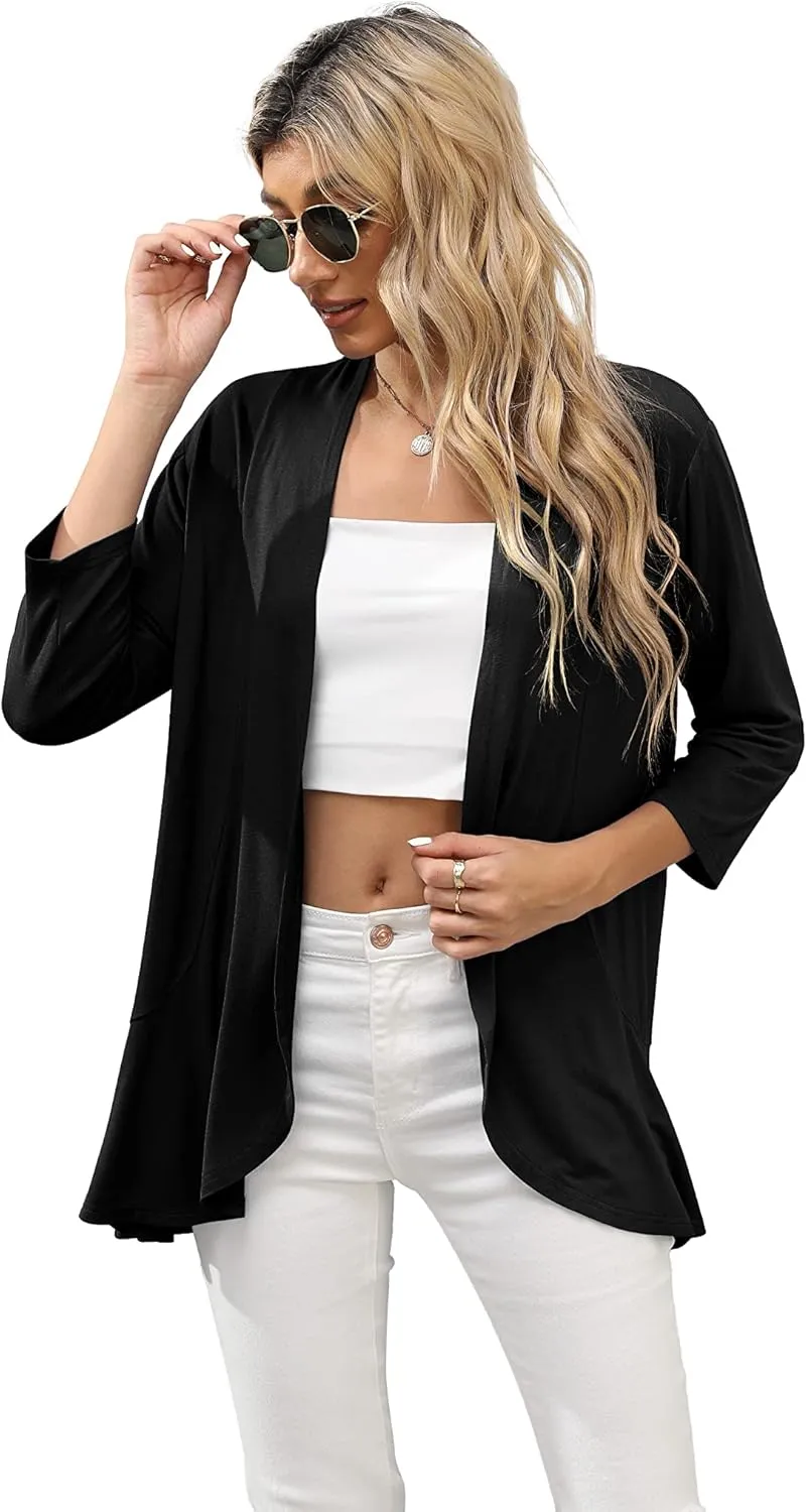 HIYIYEZI Women's Casual Lightweight Open Front Cardigans Soft Draped Ruffles 3/4 Sleeve Cardigan