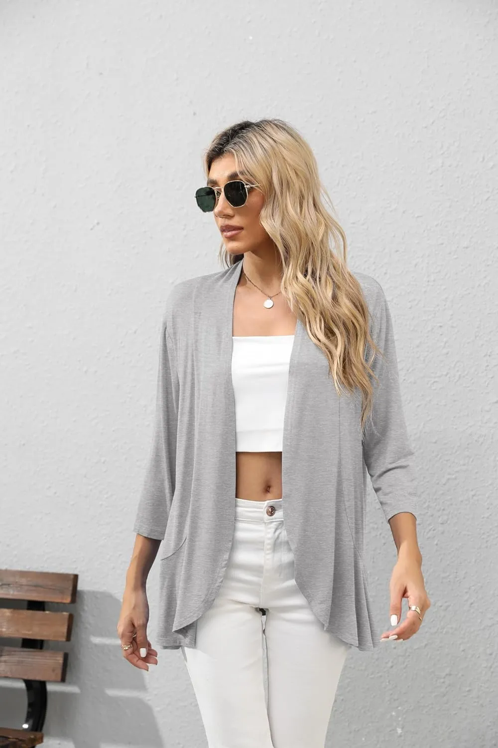 HIYIYEZI Women's Casual Lightweight Open Front Cardigans Soft Draped Ruffles 3/4 Sleeve Cardigan