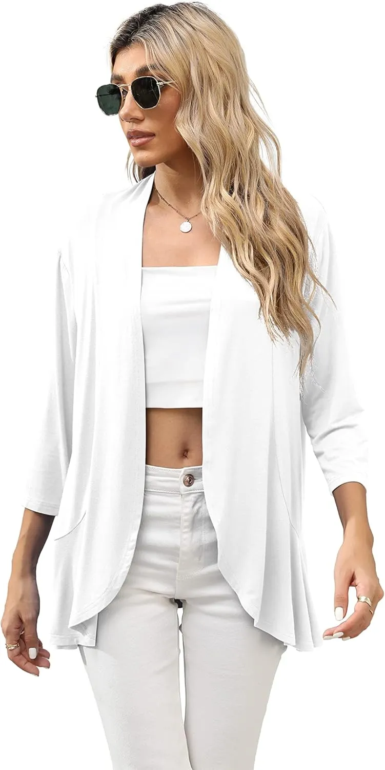 HIYIYEZI Women's Casual Lightweight Open Front Cardigans Soft Draped Ruffles 3/4 Sleeve Cardigan
