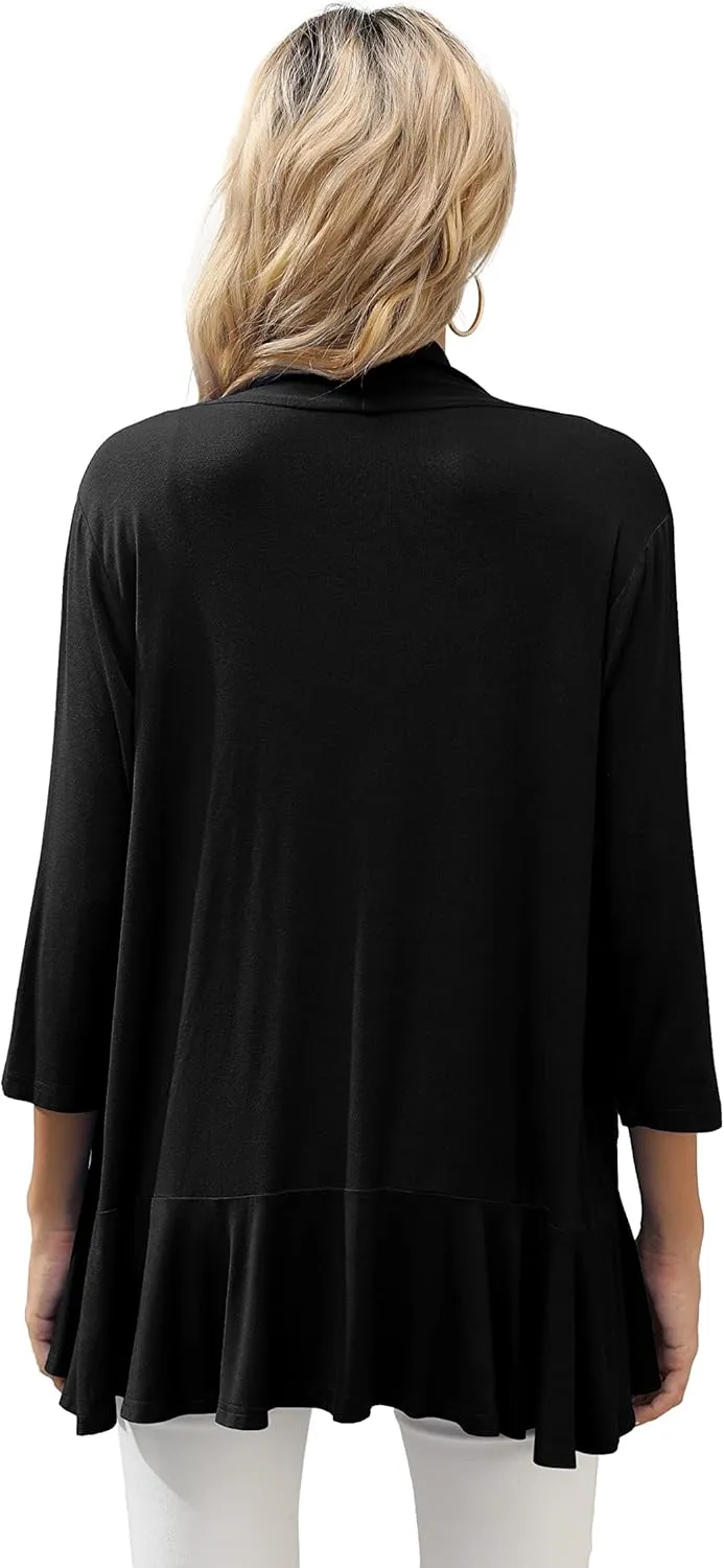 HIYIYEZI Women's Casual Lightweight Open Front Cardigans Soft Draped Ruffles 3/4 Sleeve Cardigan
