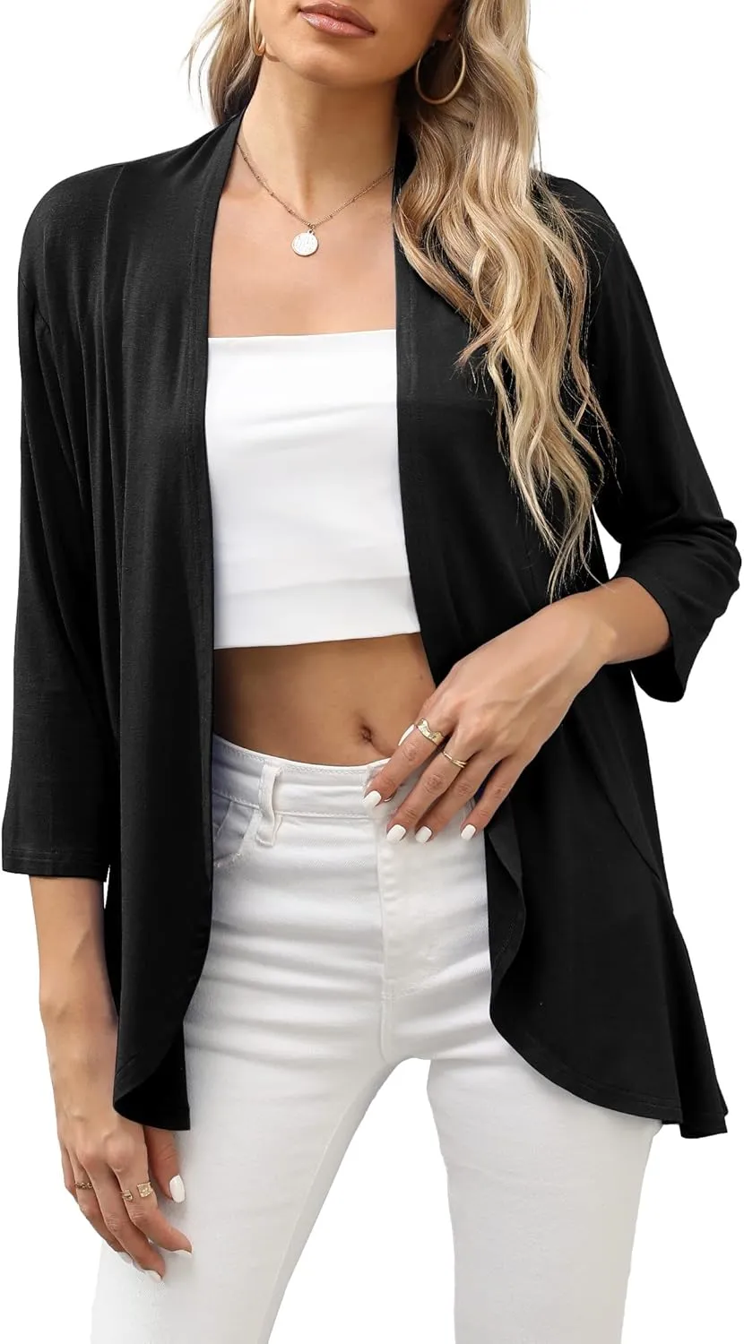 HIYIYEZI Women's Casual Lightweight Open Front Cardigans Soft Draped Ruffles 3/4 Sleeve Cardigan