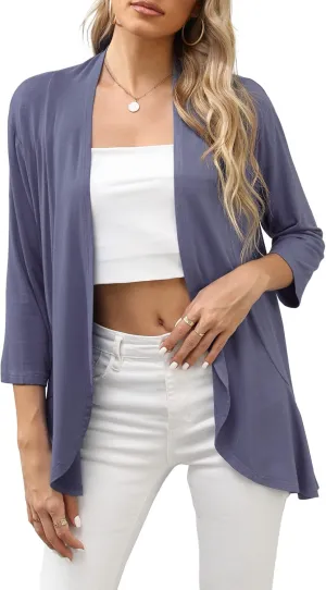 HIYIYEZI Women's Casual Lightweight Open Front Cardigans Soft Draped Ruffles 3/4 Sleeve Cardigan