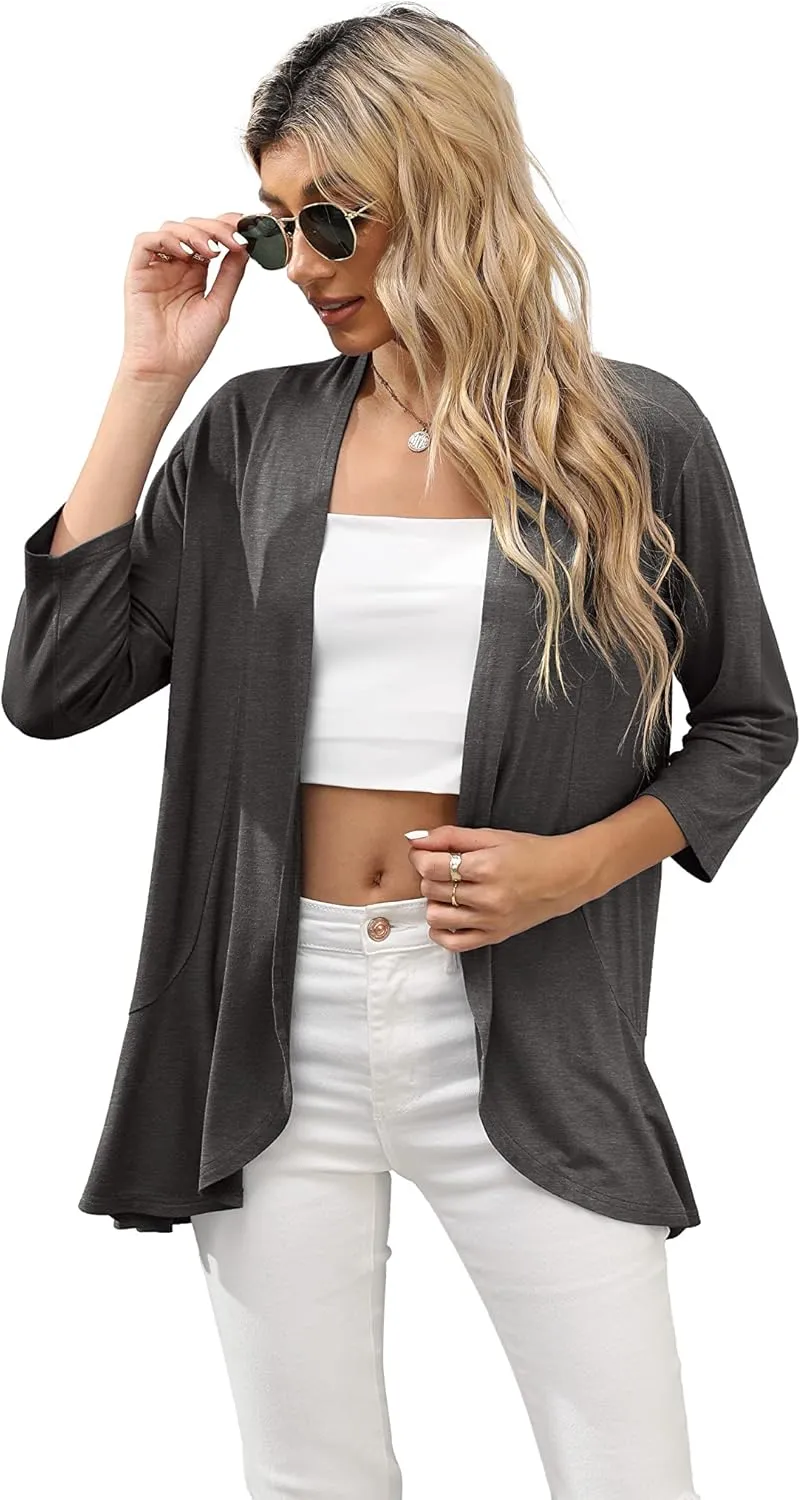 HIYIYEZI Women's Casual Lightweight Open Front Cardigans Soft Draped Ruffles 3/4 Sleeve Cardigan