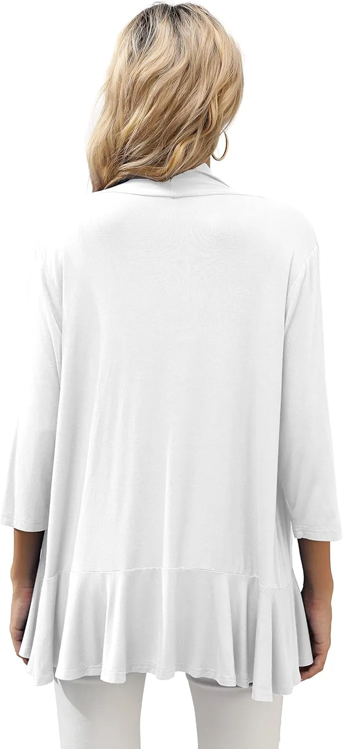 HIYIYEZI Women's Casual Lightweight Open Front Cardigans Soft Draped Ruffles 3/4 Sleeve Cardigan