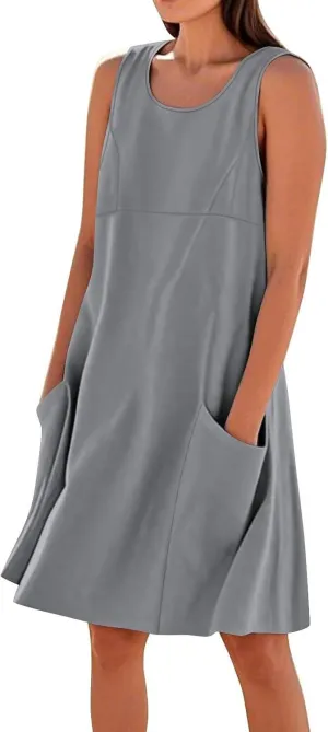 hlysgo Summer Dresses for Women 2025 Vacation Beach Cotton Linen Dress Flowy Comfy Sleeveless Mini Sundress with Pockets