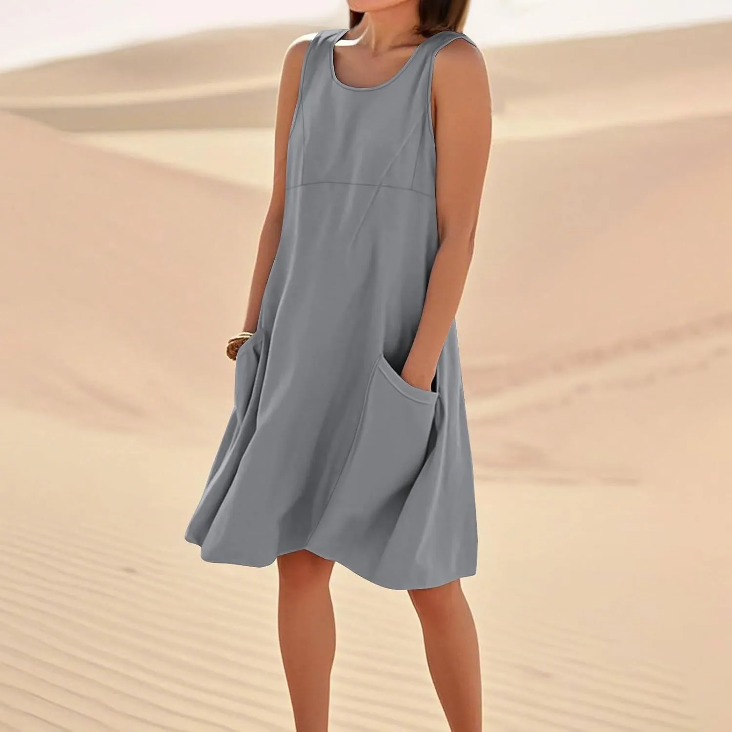 hlysgo Summer Dresses for Women 2025 Vacation Beach Cotton Linen Dress Flowy Comfy Sleeveless Mini Sundress with Pockets