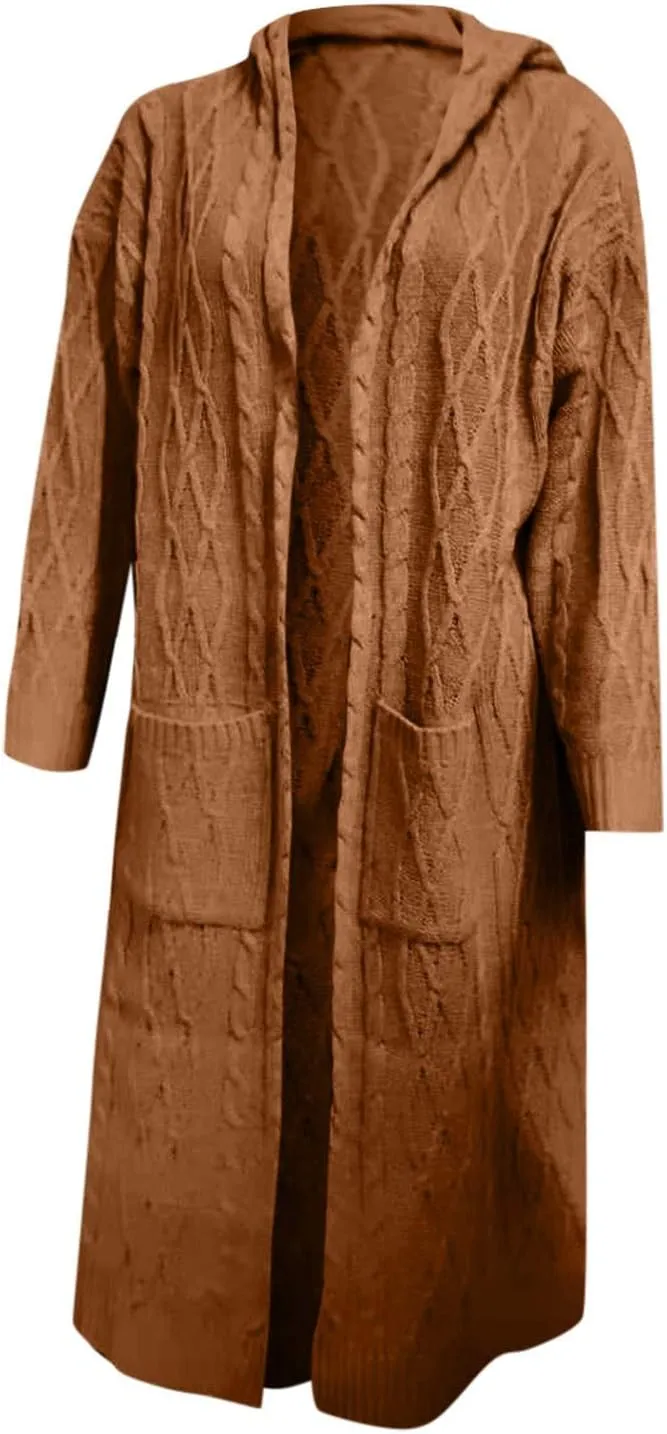 Hooded Cardigan for Women Oversized Plush Knit Long Cardigans Long Sleeve Fall Winter Sweater Coats with Pockets