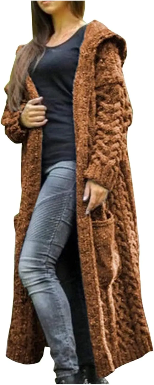 Hooded Cardigan for Women Oversized Plush Knit Long Cardigans Long Sleeve Fall Winter Sweater Coats with Pockets