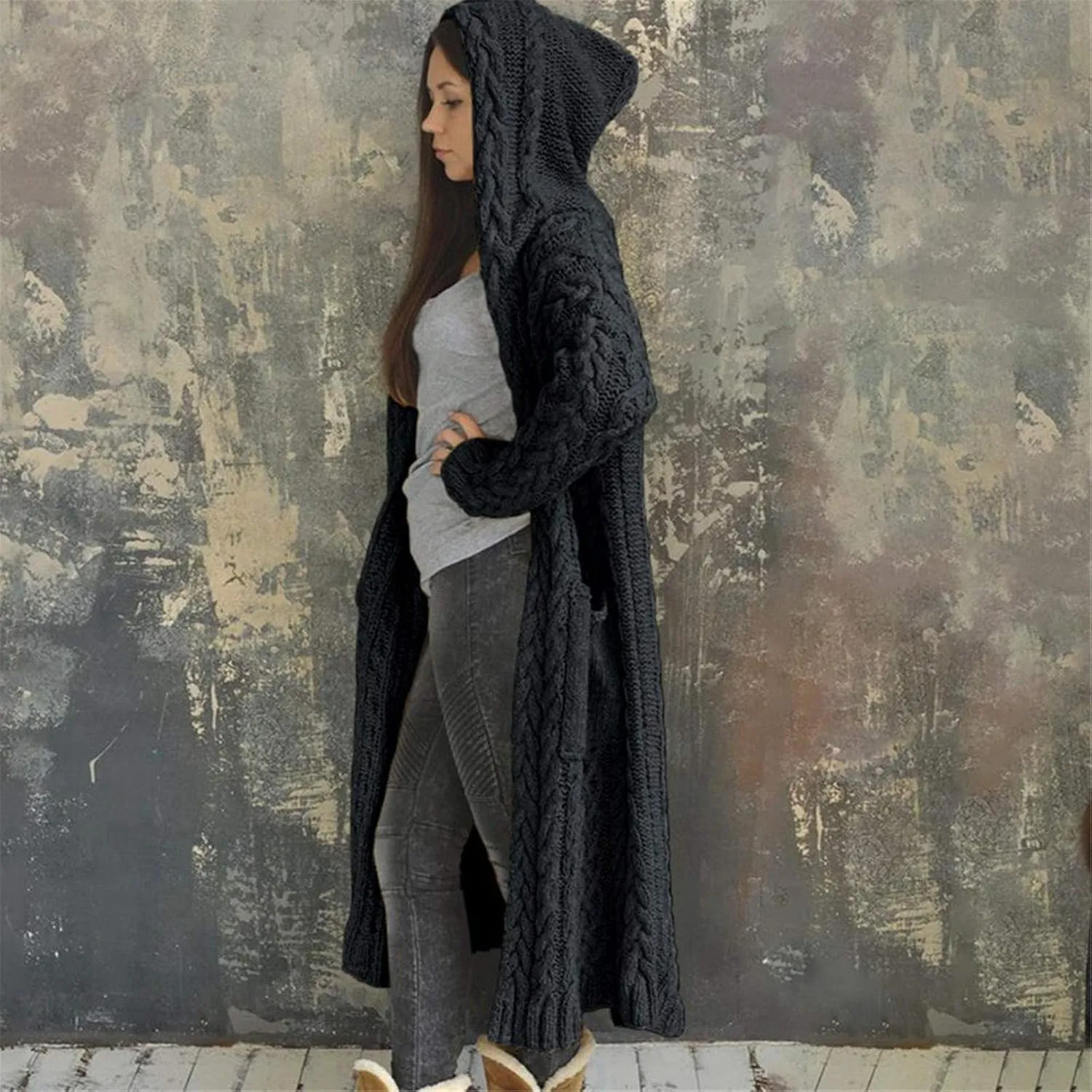Hooded Cardigan for Women Oversized Plush Knit Long Cardigans Long Sleeve Fall Winter Sweater Coats with Pockets
