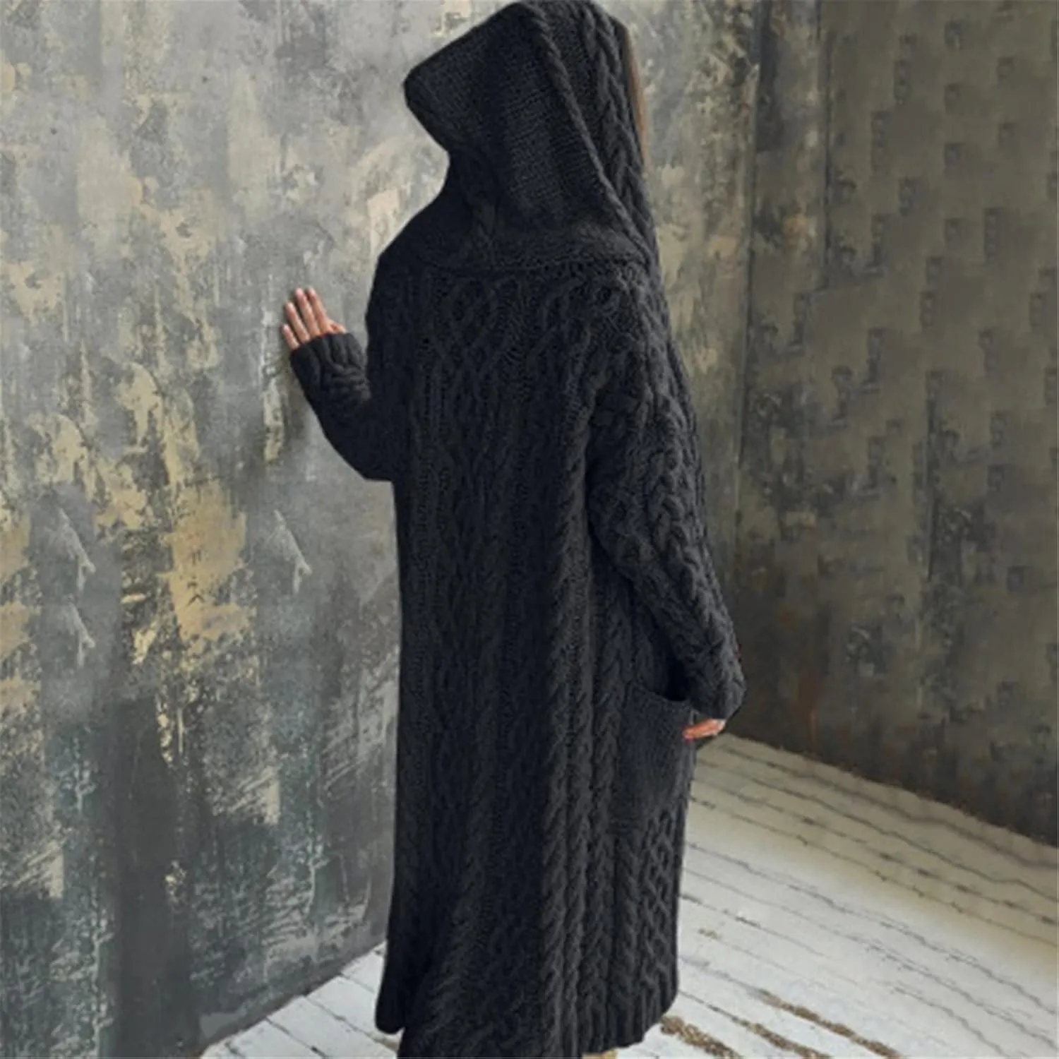 Hooded Cardigan for Women Oversized Plush Knit Long Cardigans Long Sleeve Fall Winter Sweater Coats with Pockets