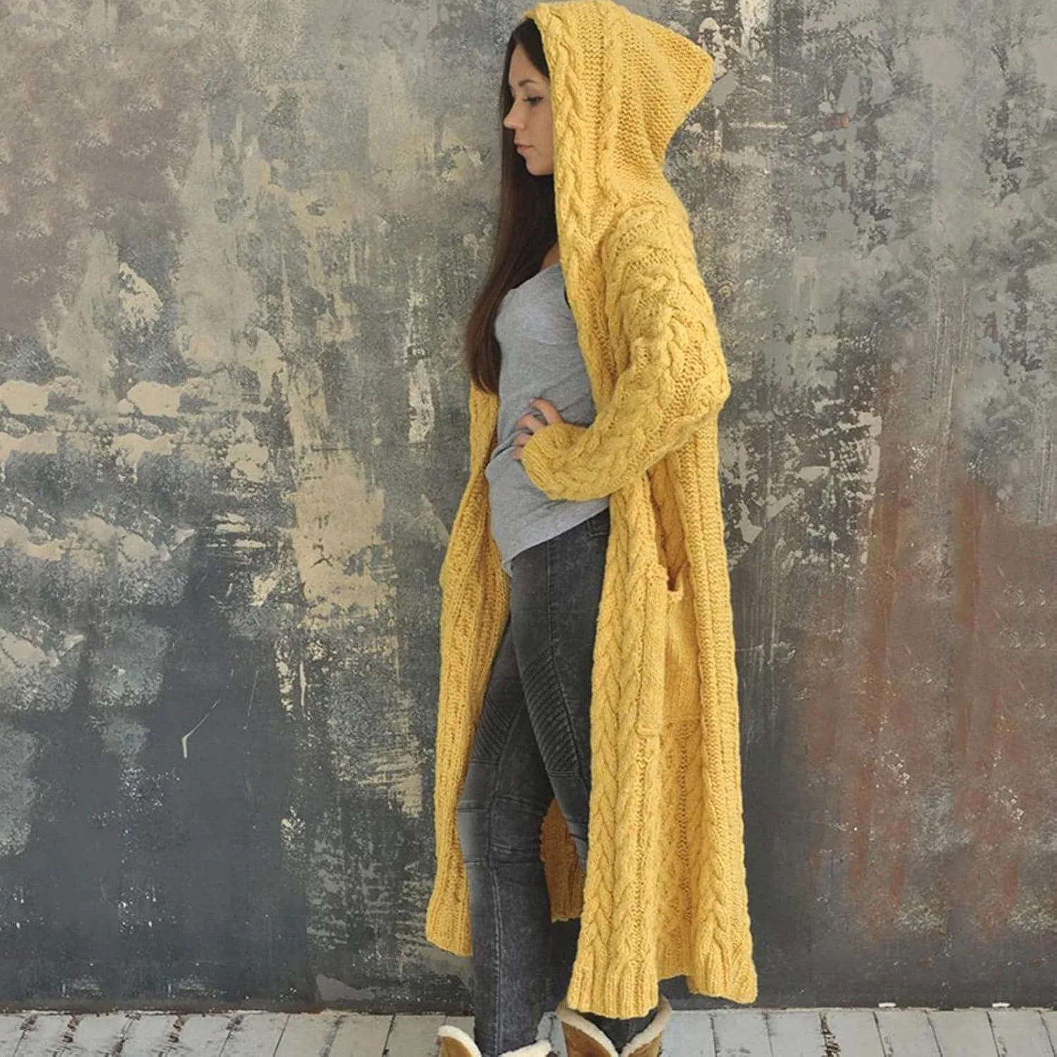 Hooded Cardigan for Women Oversized Plush Knit Long Cardigans Long Sleeve Fall Winter Sweater Coats with Pockets