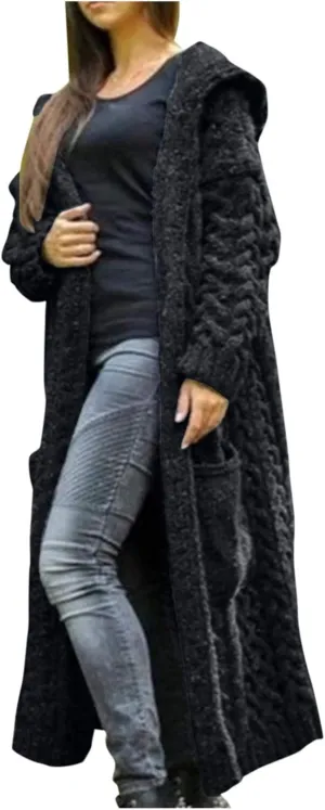 Hooded Cardigan for Women Oversized Plush Knit Long Cardigans Long Sleeve Fall Winter Sweater Coats with Pockets