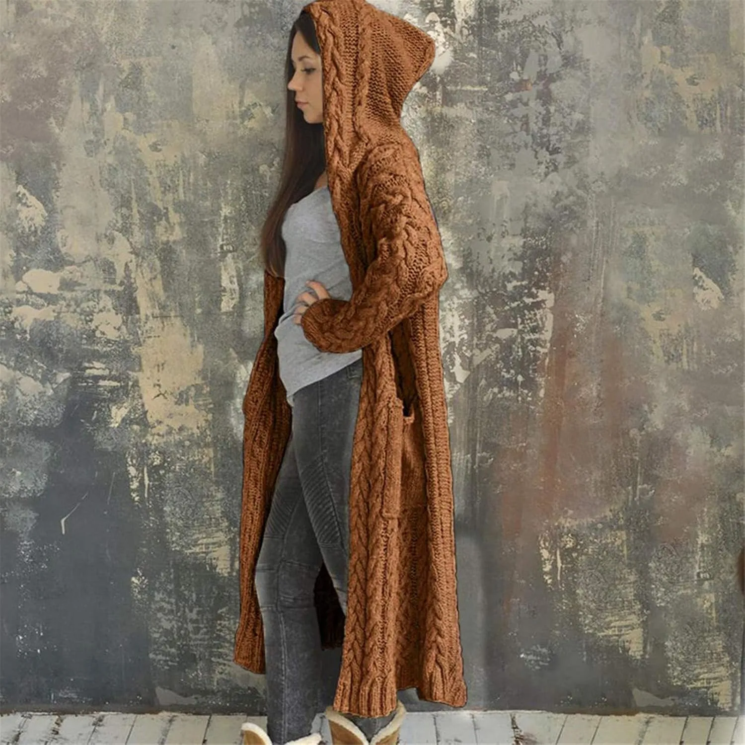 Hooded Cardigan for Women Oversized Plush Knit Long Cardigans Long Sleeve Fall Winter Sweater Coats with Pockets