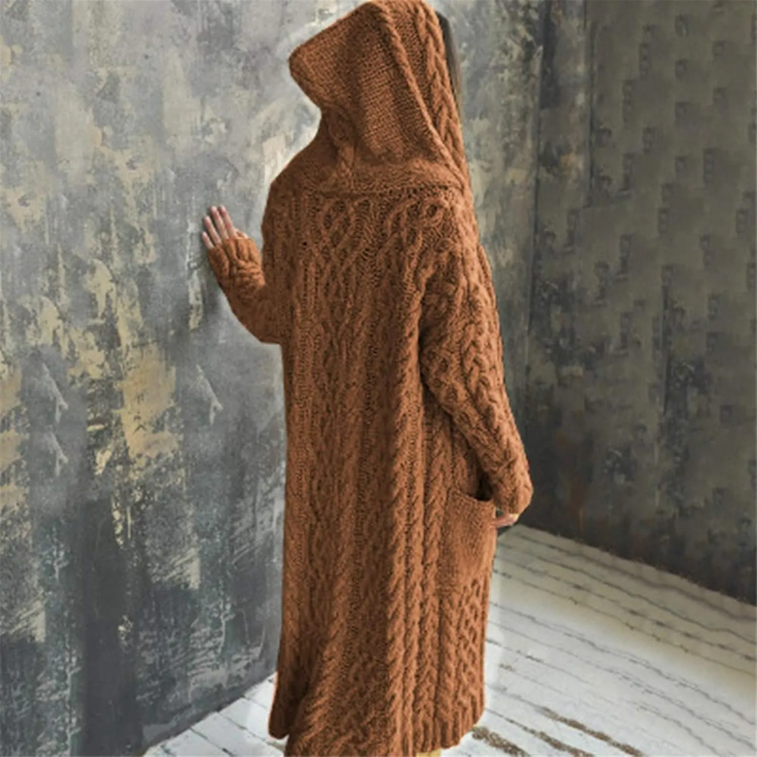 Hooded Cardigan for Women Oversized Plush Knit Long Cardigans Long Sleeve Fall Winter Sweater Coats with Pockets