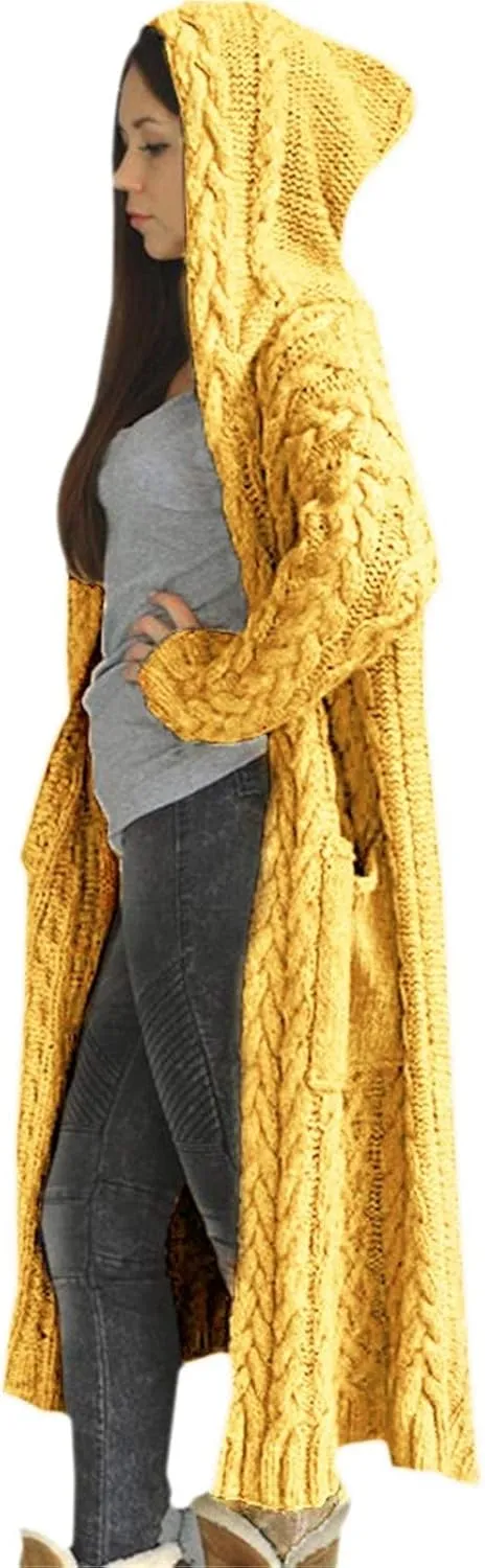 Hooded Cardigan for Women Oversized Plush Knit Long Cardigans Long Sleeve Fall Winter Sweater Coats with Pockets