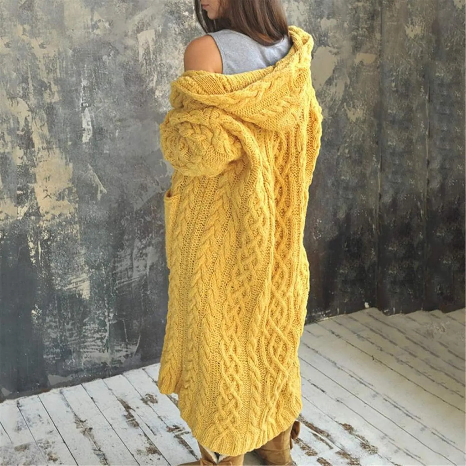 Hooded Cardigan for Women Oversized Plush Knit Long Cardigans Long Sleeve Fall Winter Sweater Coats with Pockets