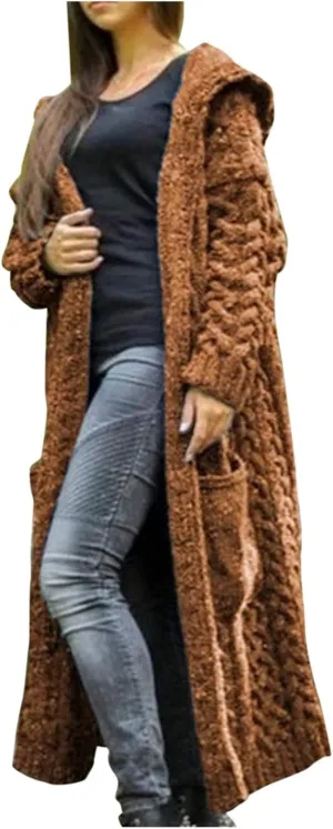 Hooded Cardigan for Women Oversized Plush Knit Long Cardigans Long Sleeve Fall Winter Sweater Coats with Pockets