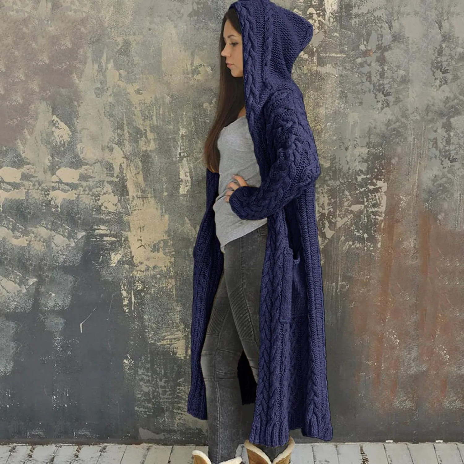 Hooded Cardigan for Women Oversized Plush Knit Long Cardigans Long Sleeve Fall Winter Sweater Coats with Pockets
