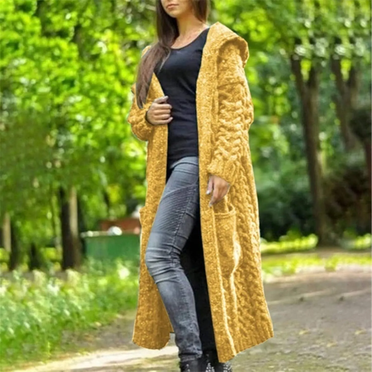Hooded Cardigan for Women Oversized Plush Knit Long Cardigans Long Sleeve Fall Winter Sweater Coats with Pockets