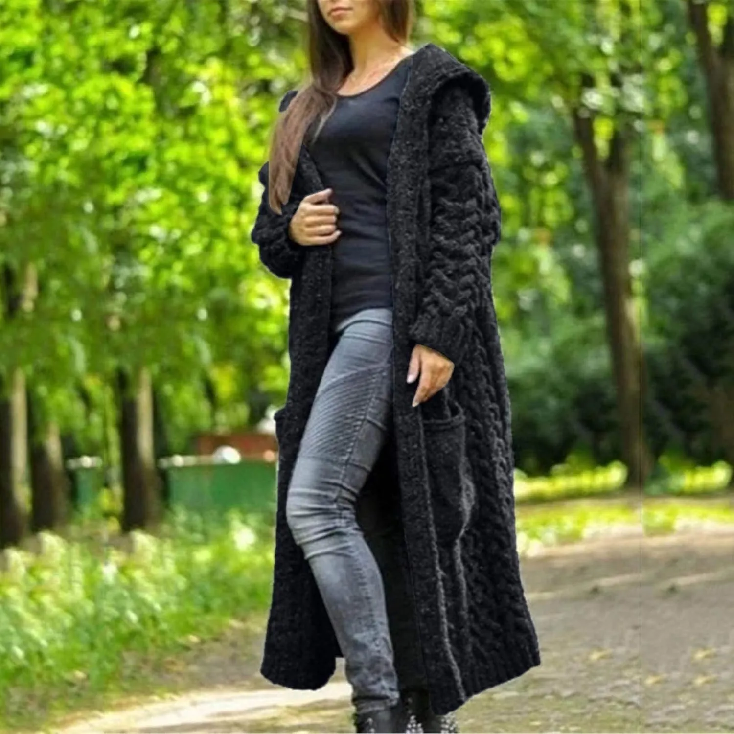 Hooded Cardigan for Women Oversized Plush Knit Long Cardigans Long Sleeve Fall Winter Sweater Coats with Pockets