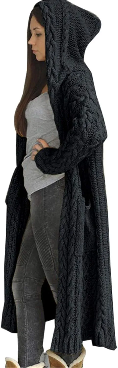 Hooded Cardigan for Women Oversized Plush Knit Long Cardigans Long Sleeve Fall Winter Sweater Coats with Pockets