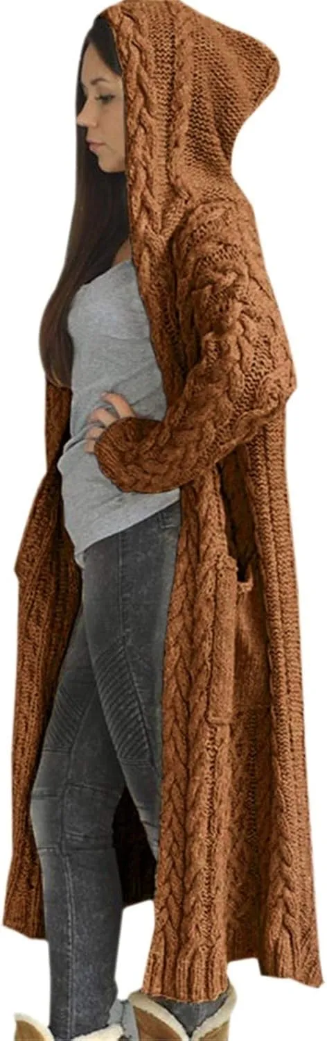 Hooded Cardigan for Women Oversized Plush Knit Long Cardigans Long Sleeve Fall Winter Sweater Coats with Pockets