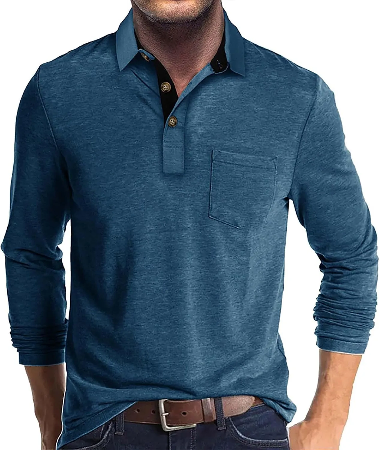 HXHYQKP Long Sleeve Polo Shirts for Men Fashion Short Sleeve Classic Button Cotton Stylish Golf Polo Shirts with Pocket