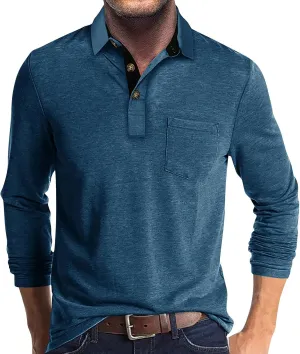 HXHYQKP Long Sleeve Polo Shirts for Men Fashion Short Sleeve Classic Button Cotton Stylish Golf Polo Shirts with Pocket