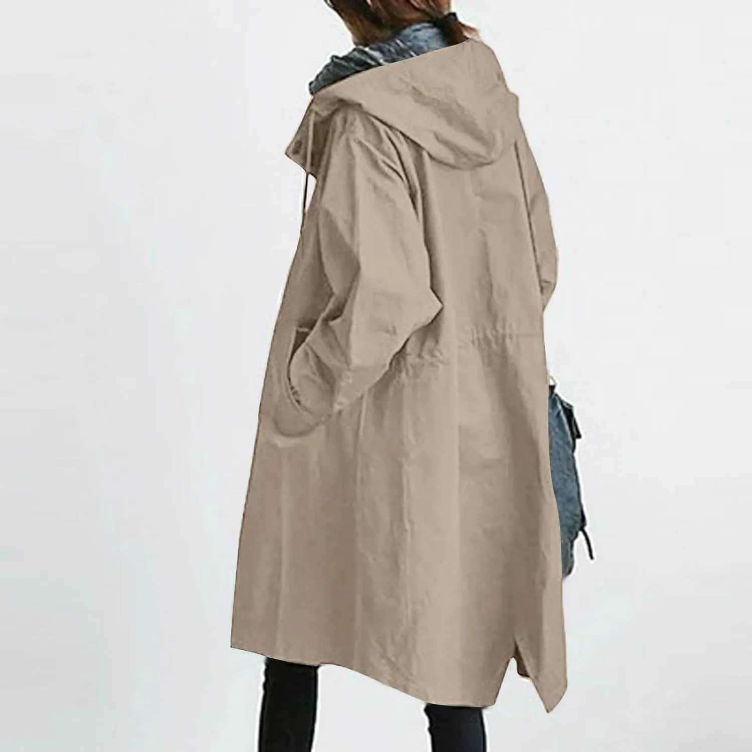 iLH Womens Hooded Trench Coat Spread Collar Button Down Windbreaker Outerwear for Women Lightweight Leisure Long Jackets