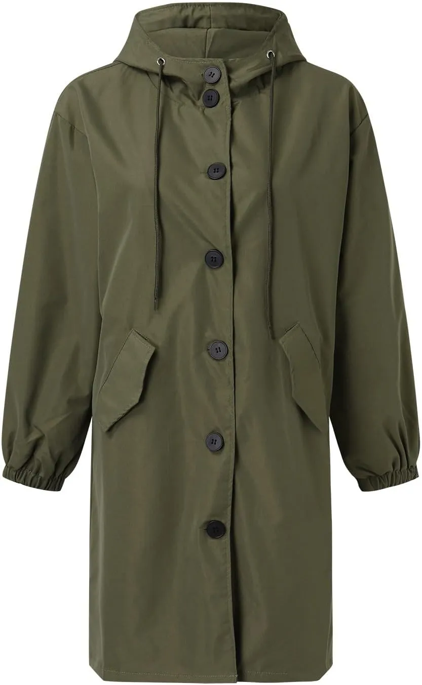 iLH Womens Hooded Trench Coat Spread Collar Button Down Windbreaker Outerwear for Women Lightweight Leisure Long Jackets