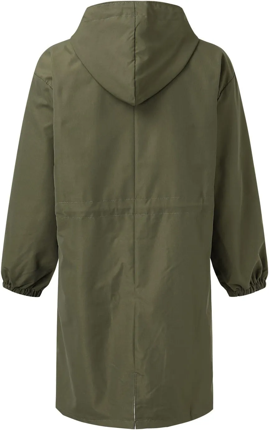 iLH Womens Hooded Trench Coat Spread Collar Button Down Windbreaker Outerwear for Women Lightweight Leisure Long Jackets