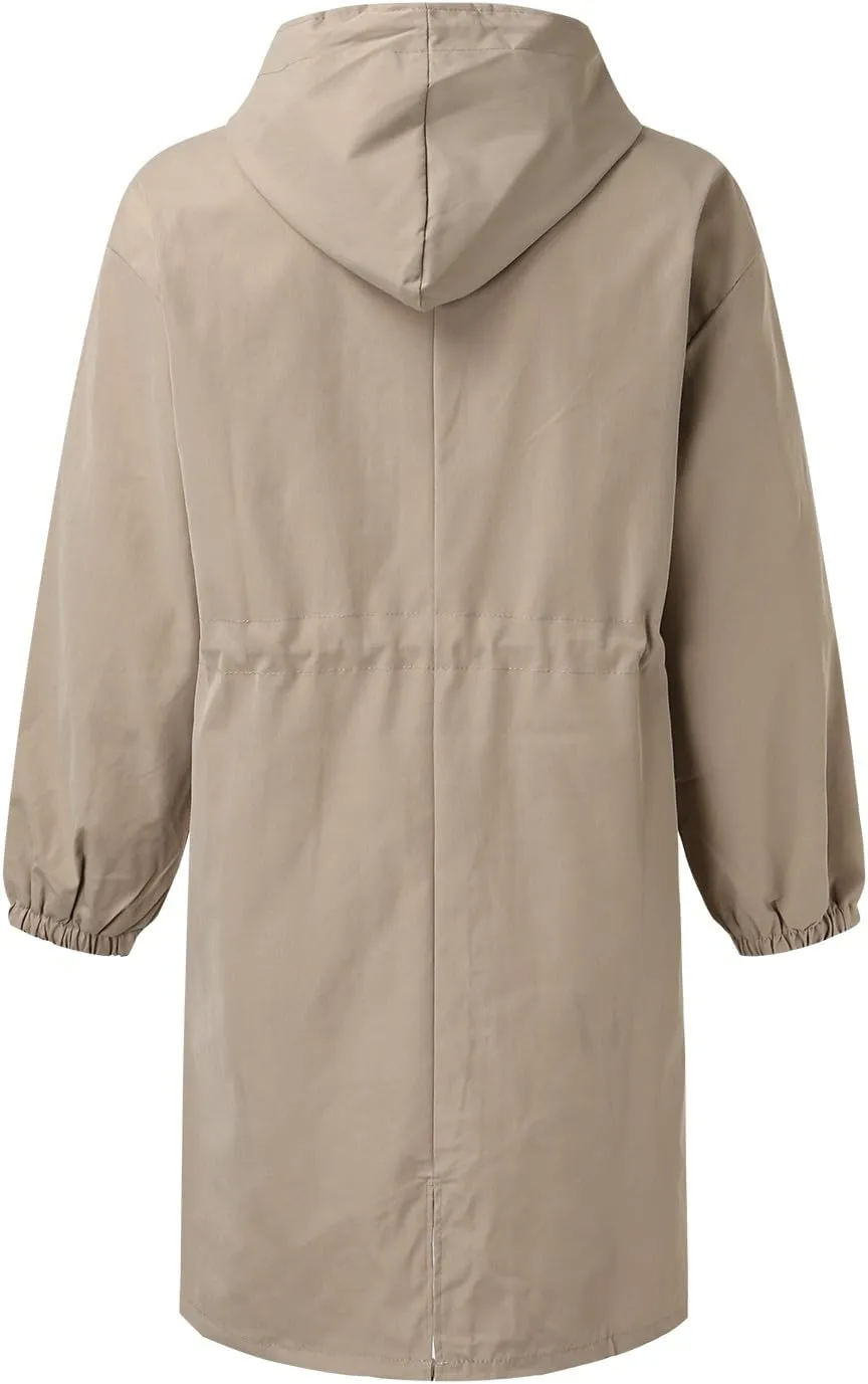 iLH Womens Hooded Trench Coat Spread Collar Button Down Windbreaker Outerwear for Women Lightweight Leisure Long Jackets