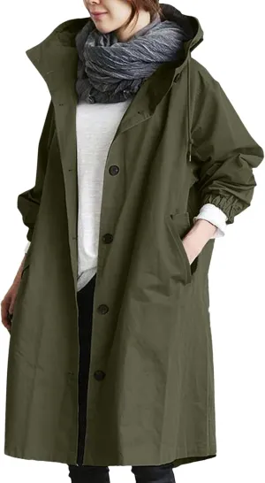 iLH Womens Hooded Trench Coat Spread Collar Button Down Windbreaker Outerwear for Women Lightweight Leisure Long Jackets