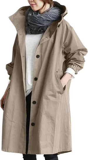 iLH Womens Hooded Trench Coat Spread Collar Button Down Windbreaker Outerwear for Women Lightweight Leisure Long Jackets