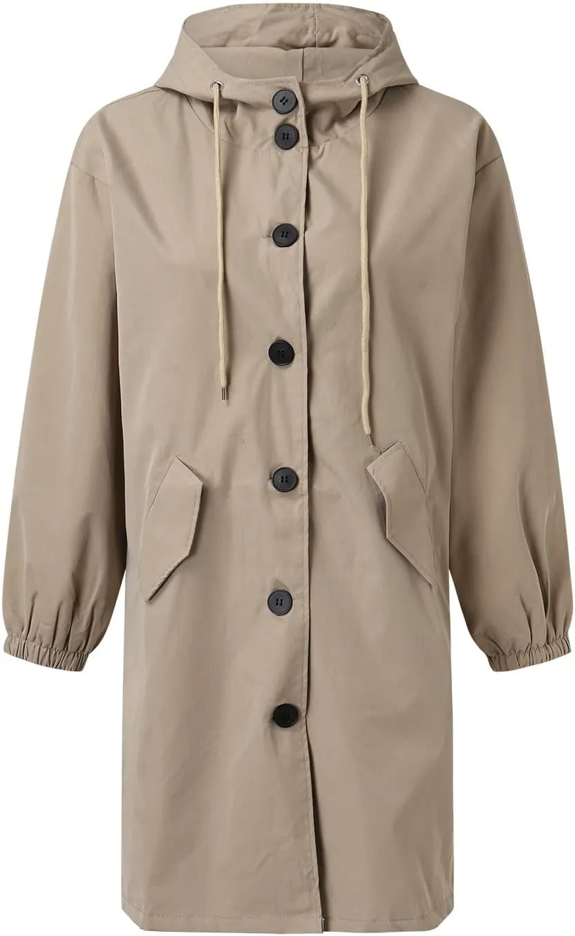 iLH Womens Hooded Trench Coat Spread Collar Button Down Windbreaker Outerwear for Women Lightweight Leisure Long Jackets