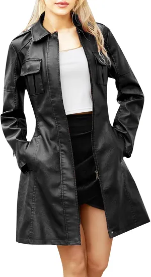 iLH Women's Mid Length Leather Jacket with Belt and Long Sleeved Leather Windbreaker British Coat Womens Casual Jacket