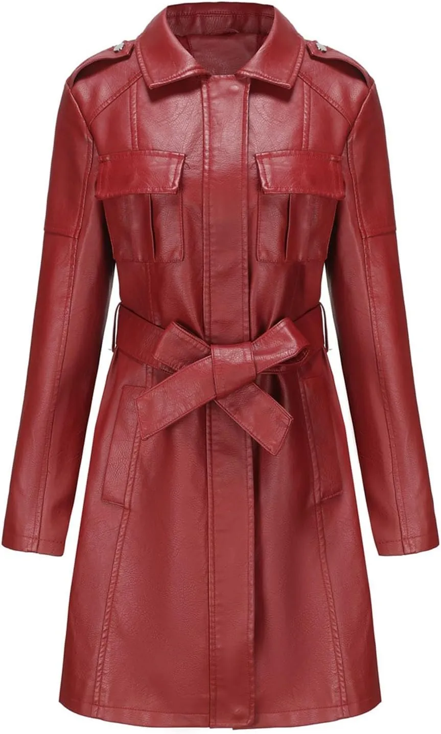 iLH Women's Mid Length Leather Jacket with Belt and Long Sleeved Leather Windbreaker British Coat Womens Casual Jacket