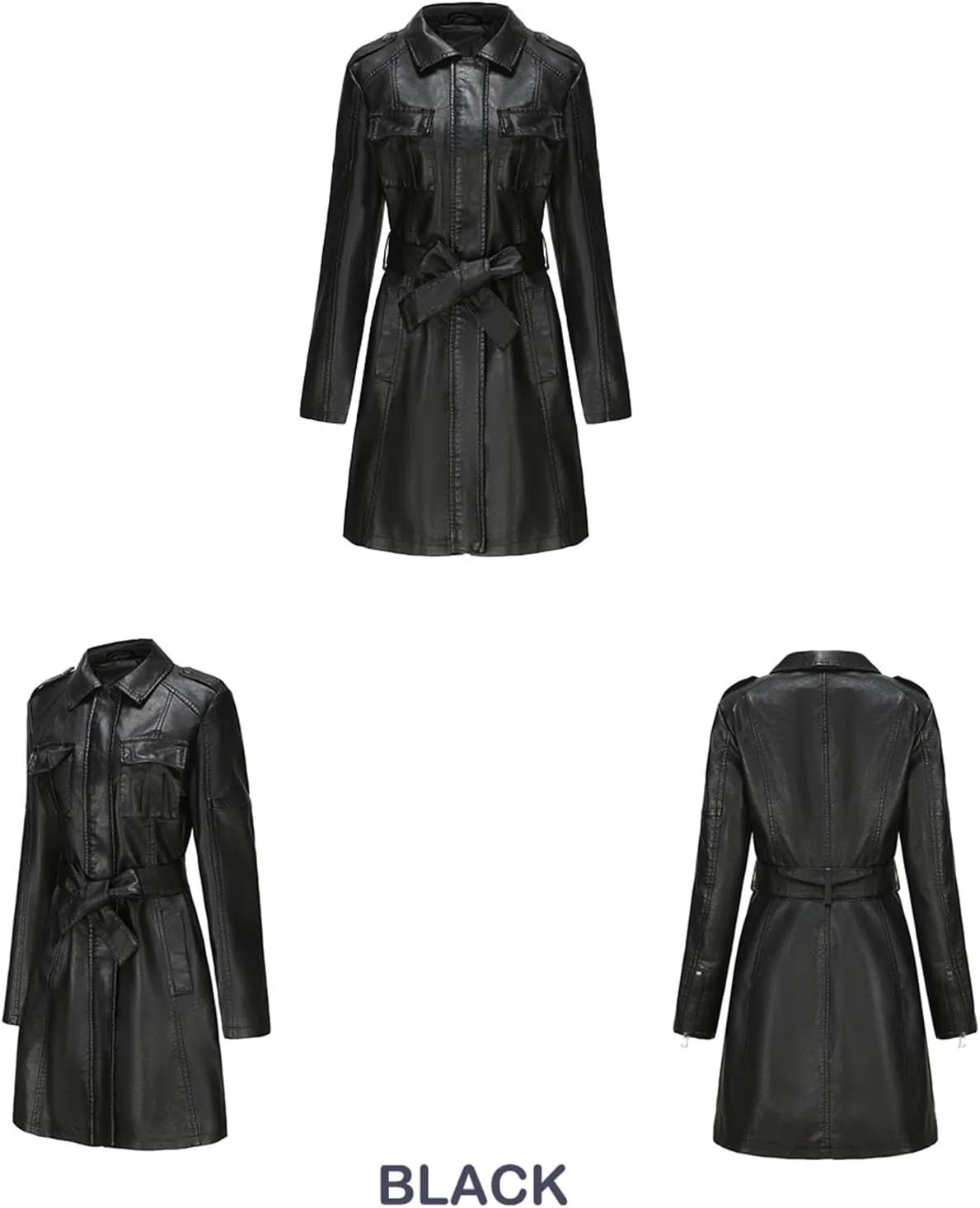 iLH Women's Mid Length Leather Jacket with Belt and Long Sleeved Leather Windbreaker British Coat Womens Casual Jacket