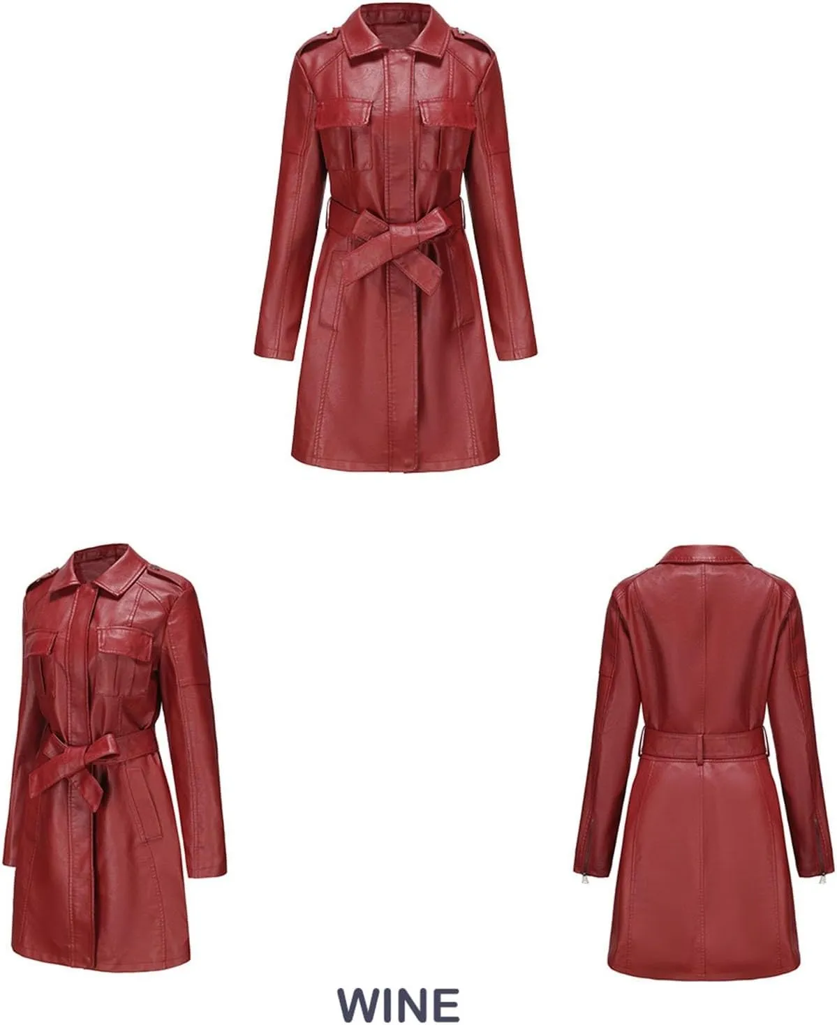 iLH Women's Mid Length Leather Jacket with Belt and Long Sleeved Leather Windbreaker British Coat Womens Casual Jacket