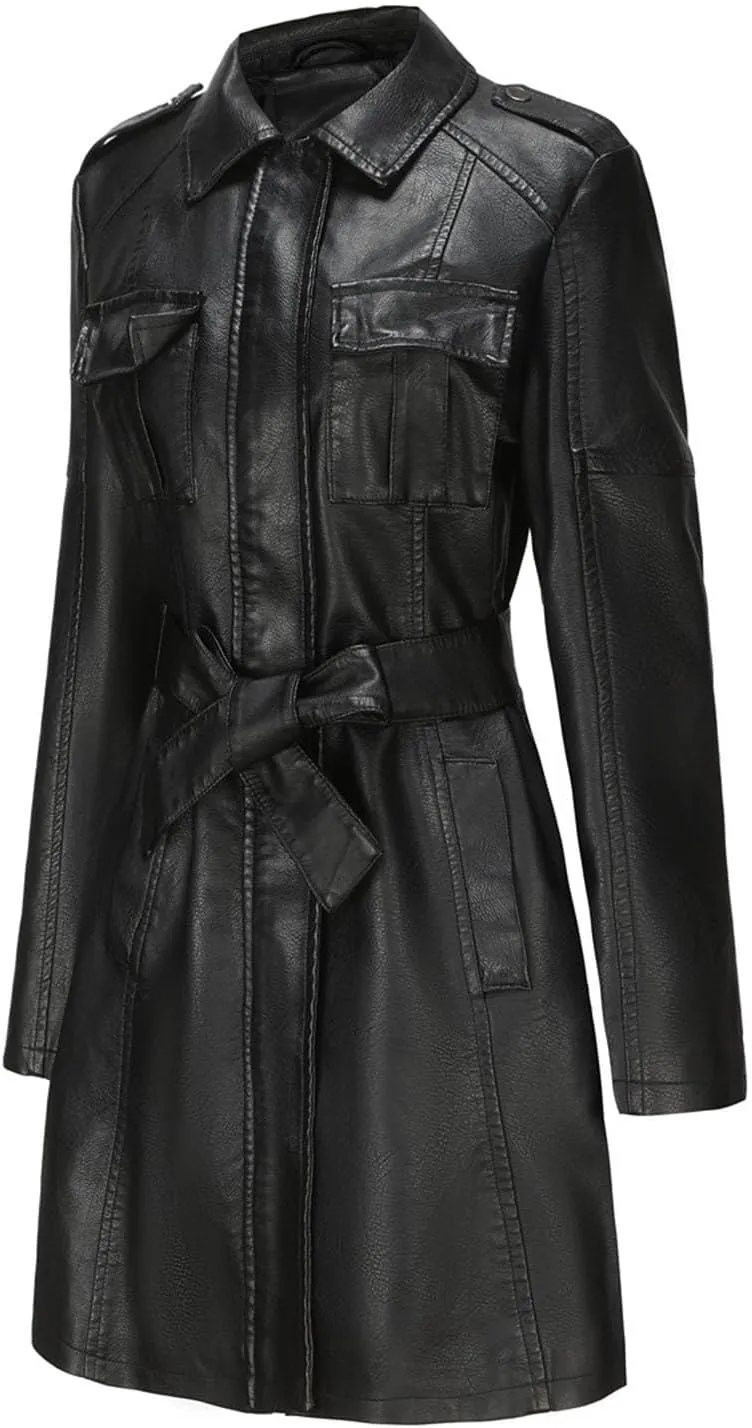 iLH Women's Mid Length Leather Jacket with Belt and Long Sleeved Leather Windbreaker British Coat Womens Casual Jacket