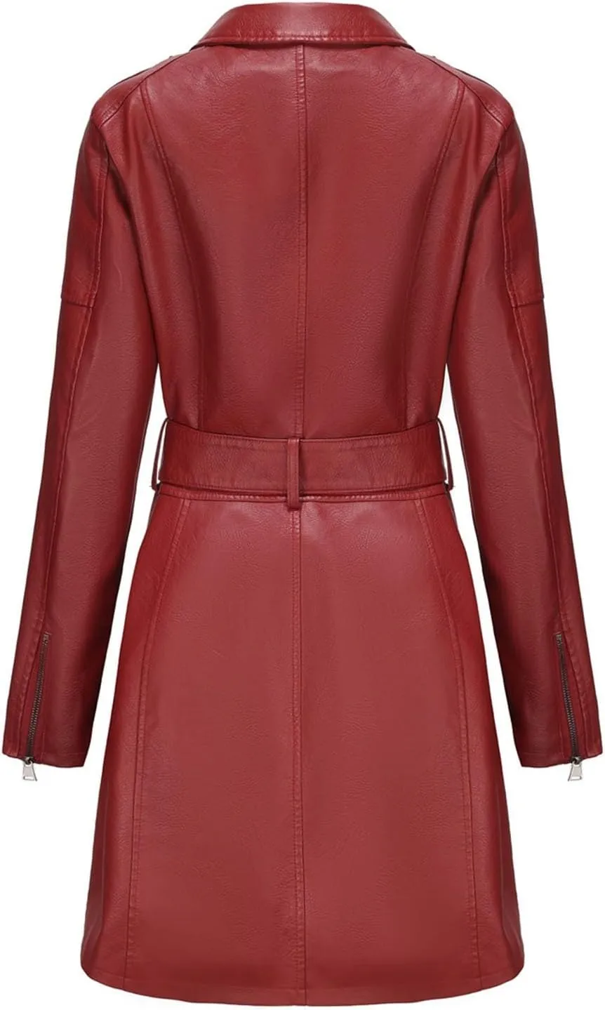 iLH Women's Mid Length Leather Jacket with Belt and Long Sleeved Leather Windbreaker British Coat Womens Casual Jacket