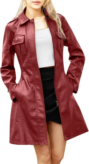 iLH Women's Mid Length Leather Jacket with Belt and Long Sleeved Leather Windbreaker British Coat Womens Casual Jacket