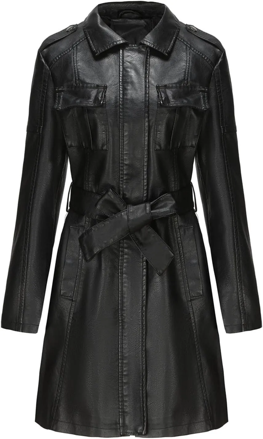 iLH Women's Mid Length Leather Jacket with Belt and Long Sleeved Leather Windbreaker British Coat Womens Casual Jacket