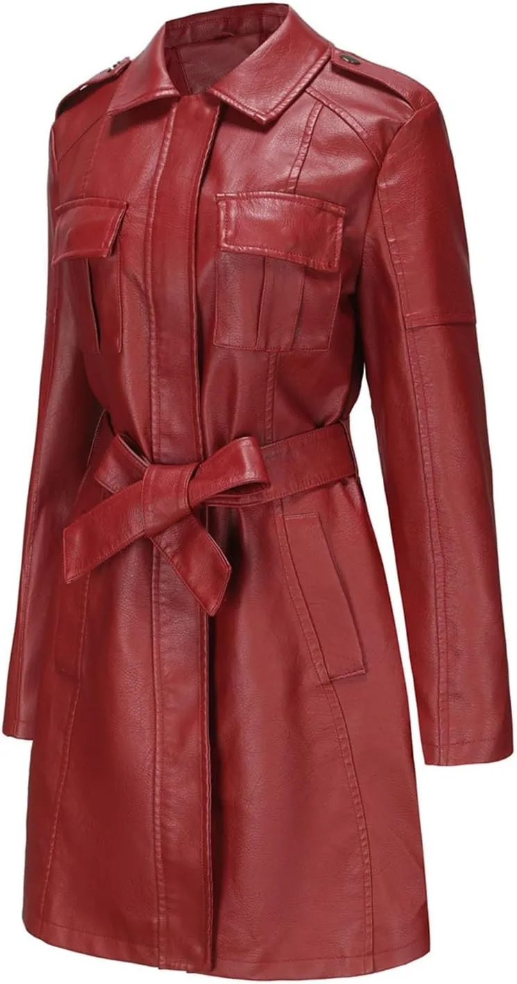 iLH Women's Mid Length Leather Jacket with Belt and Long Sleeved Leather Windbreaker British Coat Womens Casual Jacket