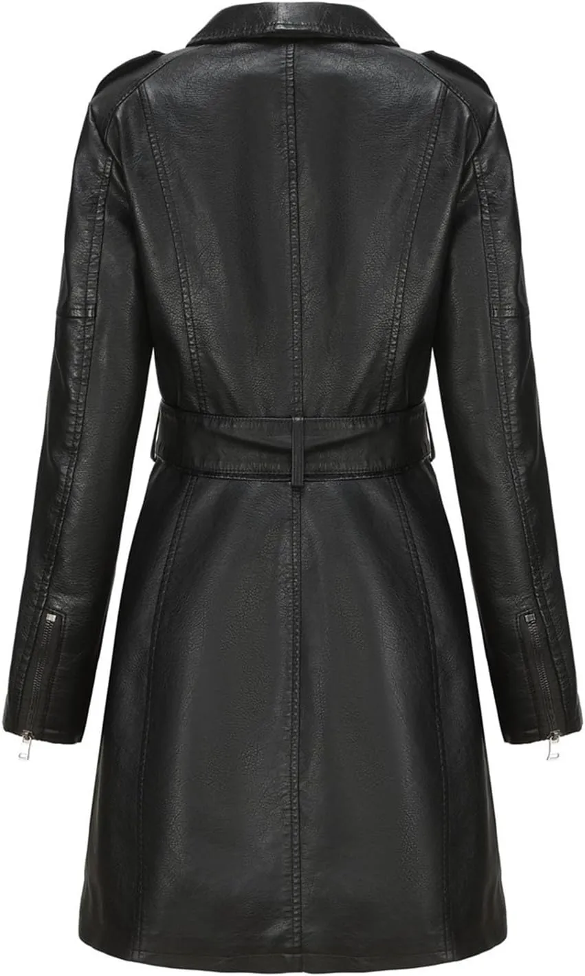 iLH Women's Mid Length Leather Jacket with Belt and Long Sleeved Leather Windbreaker British Coat Womens Casual Jacket