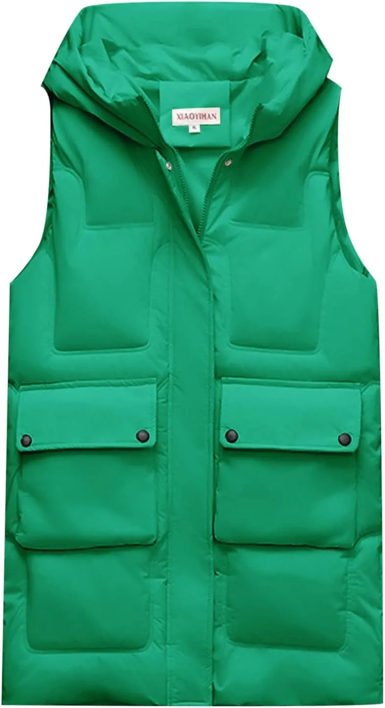 iLH Womens Winter Solid Color Sleeveless Jacket Vest Long Hoodie Warm Down Jacket with Pockets Quilted Outdoor Jacket Zip