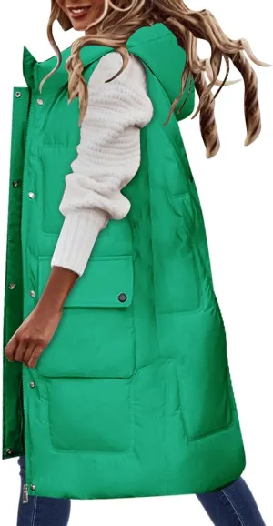 iLH Womens Winter Solid Color Sleeveless Jacket Vest Long Hoodie Warm Down Jacket with Pockets Quilted Outdoor Jacket Zip